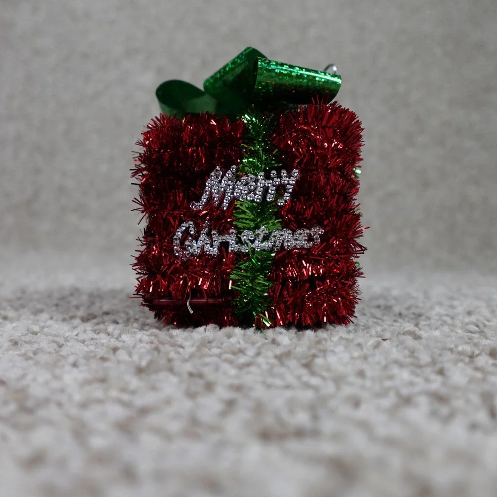Red Green Tinsel Merry Christmas Gift Box Ornament Glitter Bow 3 Inch